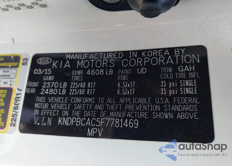 2015 Kia Sportage Lx z USA, uszkodzony, nr VIN KNDPBCAC5F7781469